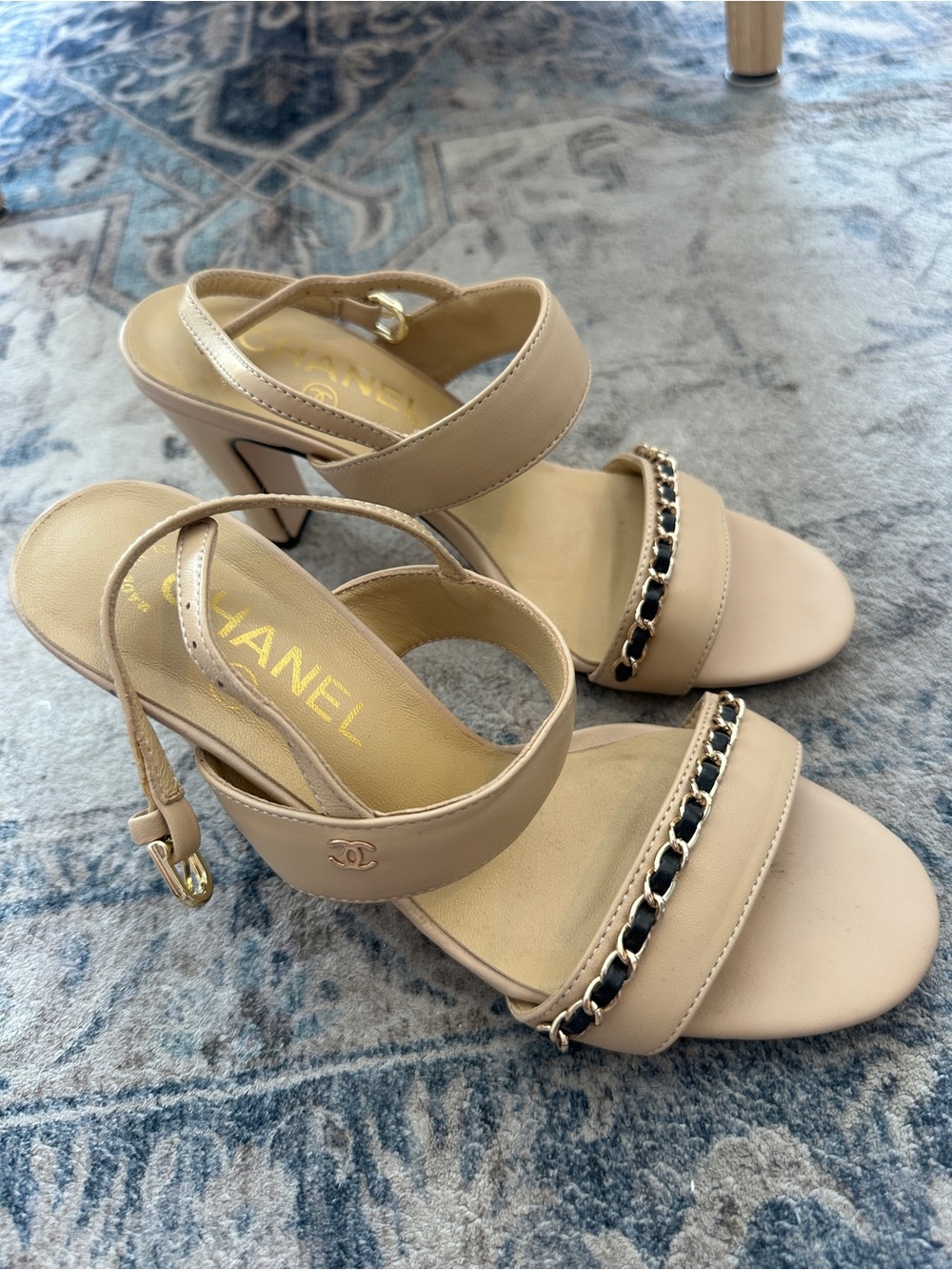 CHANEL Nude Beige Leather Chain-Trim Block Heel Sandals